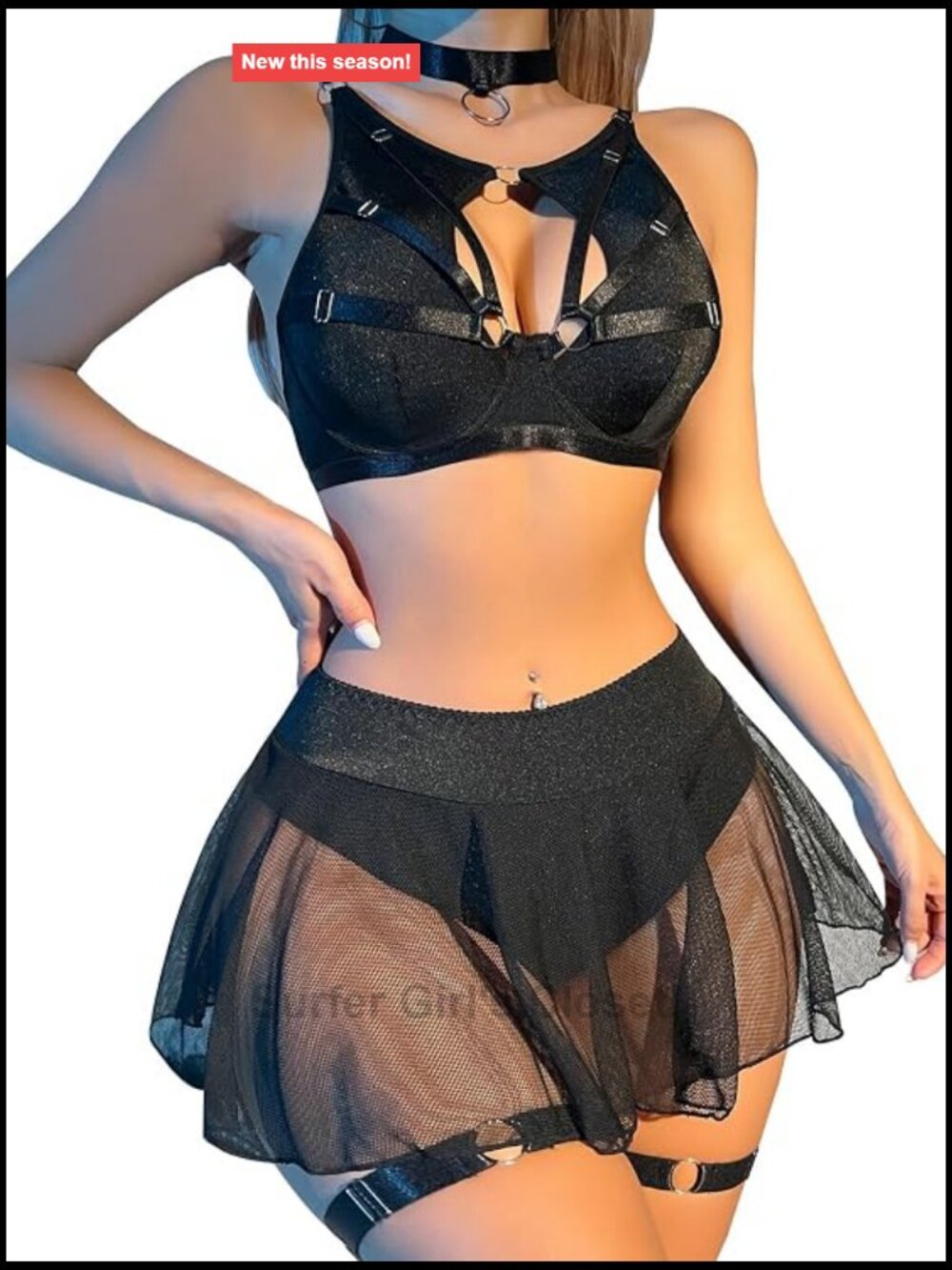 Strappy Fishnet Lingerie Set 5 Piece Halter Top Thong Garter